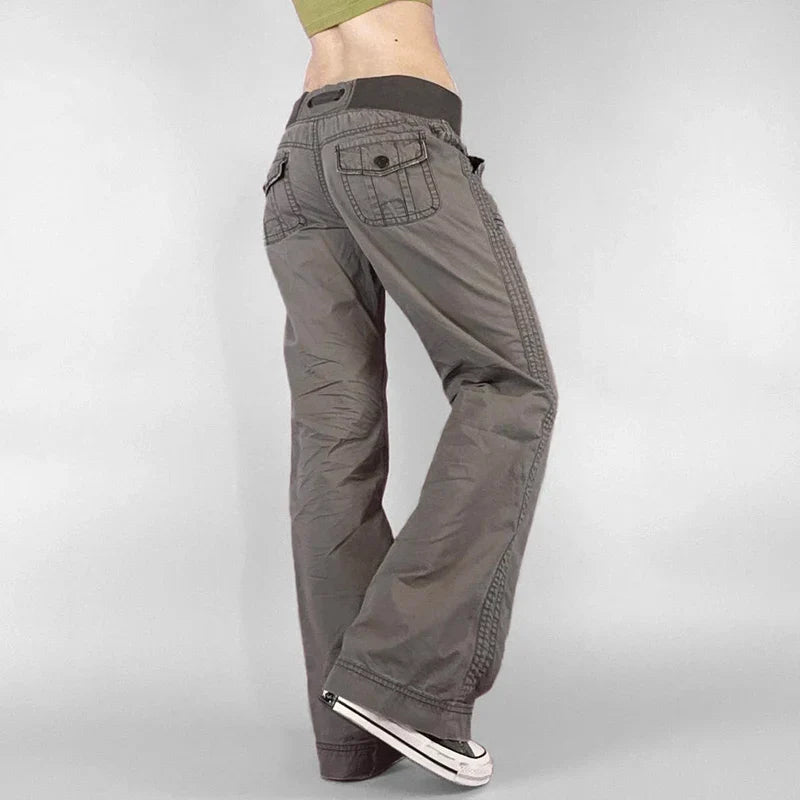 Vintage Low Drawstring Waist Jeans Women Contrast Patchwork Multi Pocket Denim Trousers Boot Cut Pants Y2K Aesthetic