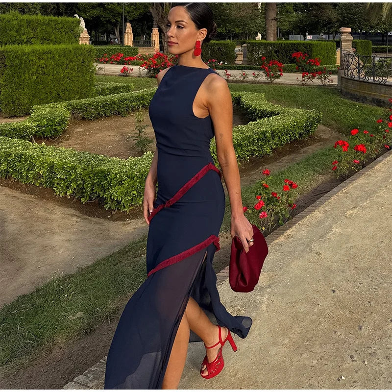 Sexy Backless Patchwork Long Dress Women Retro O-neck Sleeveless Side Slit Slim Party Dresses Female 2025 Summer Chic Vestidos