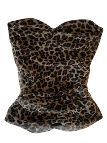 Leopard Print Strapless Tube Top For Women Sexy Slim Off Shoulder Tops Summer Sexy Sleeveless Vintage Lady Y2k Streetwear