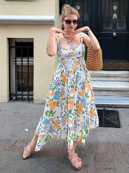 Elegant Flower Print Midi Dresses Women Off Shoulder Sleeveless Backless Lady Long Dress 2024 Summer Fashion Sexy Party Dresses