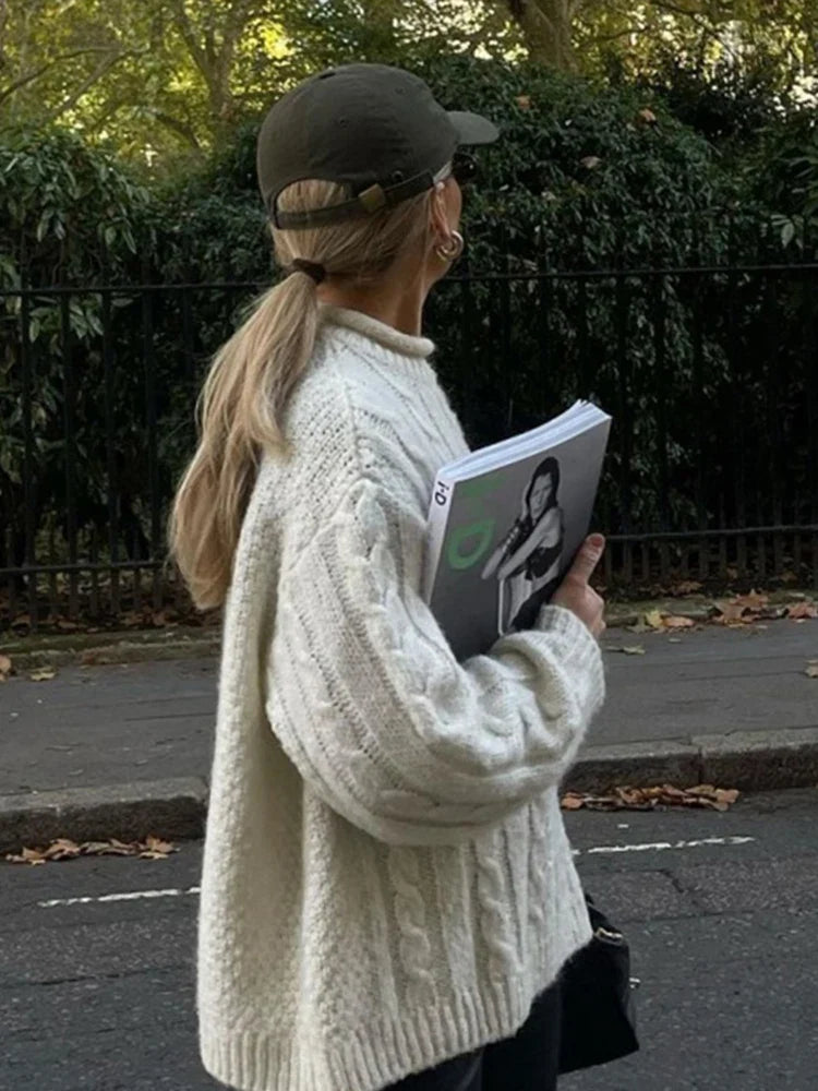 Casual Knitted Long Sleeve Sweaters Women Loose White Half High Neck Pullover Sweater Female Autumn Simple Chic High Street Tops