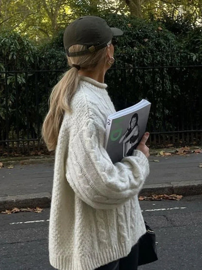 Casual Knitted Long Sleeve Sweaters Women Loose White Half High Neck Pullover Sweater Female Autumn Simple Chic High Street Tops