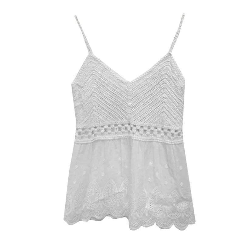 Summer Korean Authentic Sexy Hanging Strap Hollow Hook Flower Spliced Cotton Cloth Hanging Strap Temperament Tank Top for Women