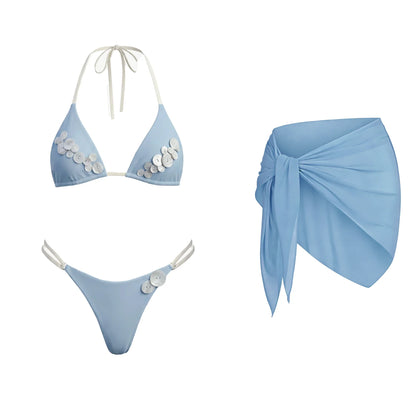 Sexy Button Bikini with Skirt Swimsuit Women Shirring Swimwear High Leg Resort Wear Bathing Suit Beachwear Halter Biquini