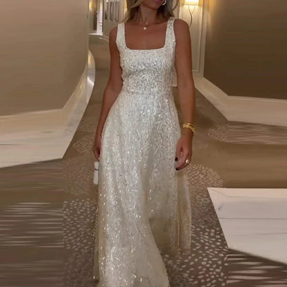 Fashion Temperament Sleeveless Evening Dresses Elegant Party High Waisted Pleated Dress Shiny Sequins Mesh Halter Long Dresses