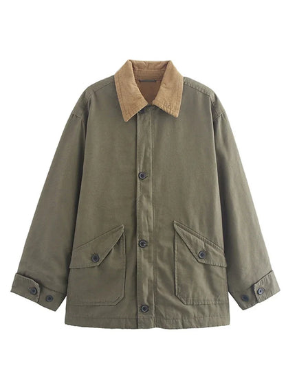 Casual Panelled Pockets Jackets Women Casual Patchwork Lapel Long Sleeves Single Breasted Coat Autumn Lady Loose Outfits