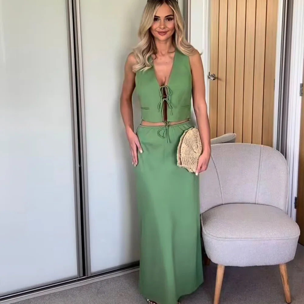 New Chic Tank Top And Long Skirts Set Summer Vest And Fashion Skirt Two Piece Set Green Vacation Casual Women Outfits