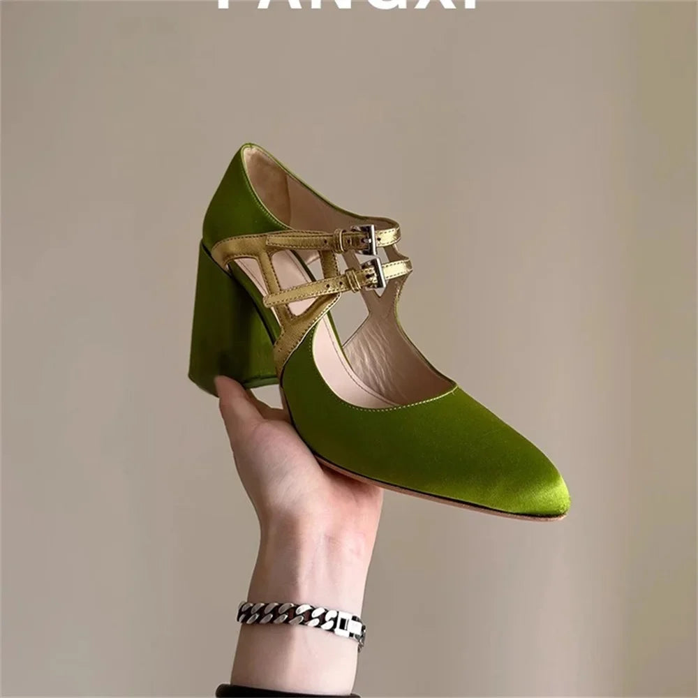 Satin Zapatos Para Mujeres Metal Color Splice Shoes For Woman Square Toe Heeled Sandals Chunky Heels Туфли Женские Soft Leather