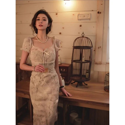 Vintage Midi Dress Women Elegant Party Prom Lace Square Collar Dresses Summer Korean Puff Short Sleeve Bodycon Design Vestidos