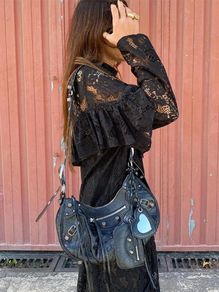 Sexy Lace Hollow Out A-lined Long Dresses Women Vintage Loose Perspective O-neck Black Dress Female Chic Elegant Party Street