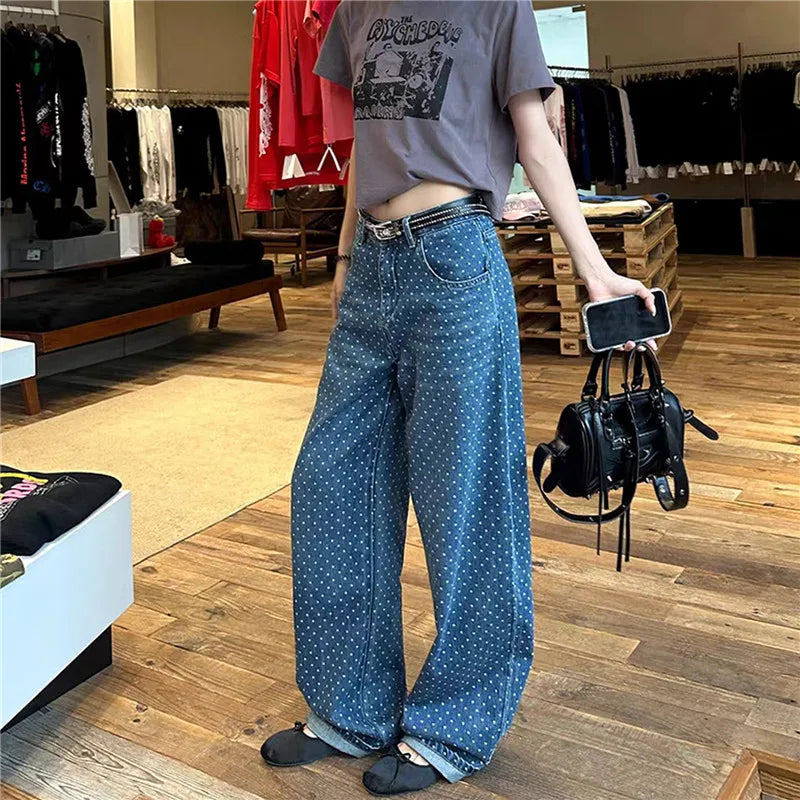 Women's Y2K Polka Dot Wide Leg Jeans High Waist Loose Fit Baggy Denim Pants Retro Vintage Streetwear Casual Daily Outfit