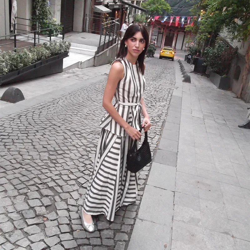 Casual Striped Vest Skirt Suits Women O-neck Sleeveless Bow Tops Pleated Long Skirts 2025 Summer Chic Office Lady Sets New