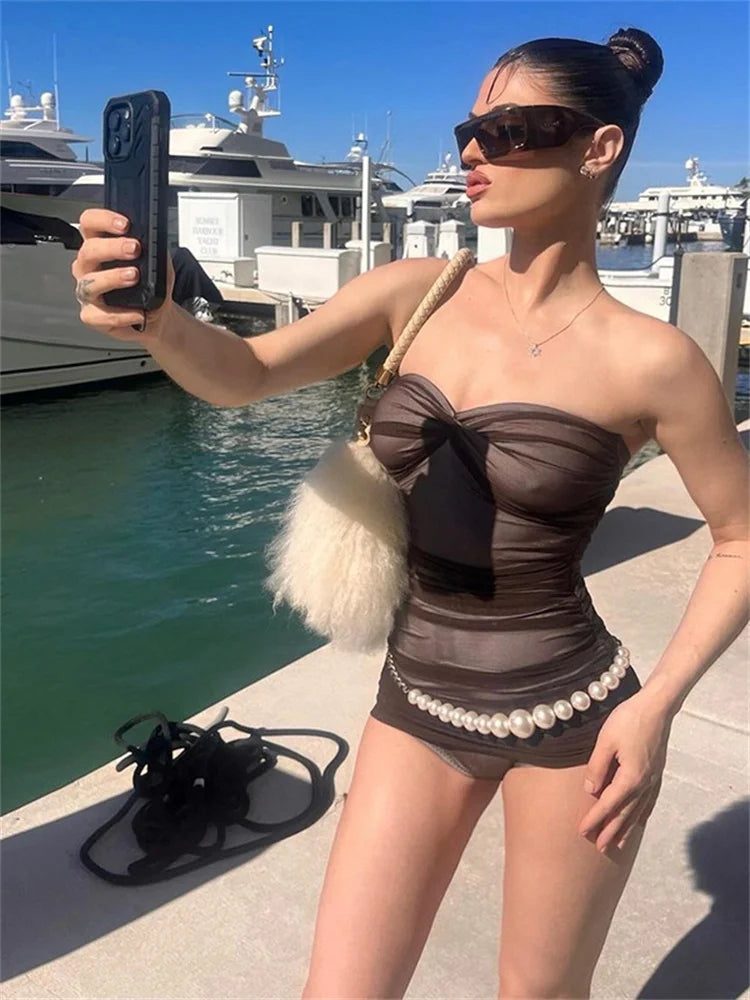 Sexy Sheer Bodysuit Women Summer Double Deck Strapless Solid Folds Skinny Beach Coquettish Fashionable Clubwear Tops