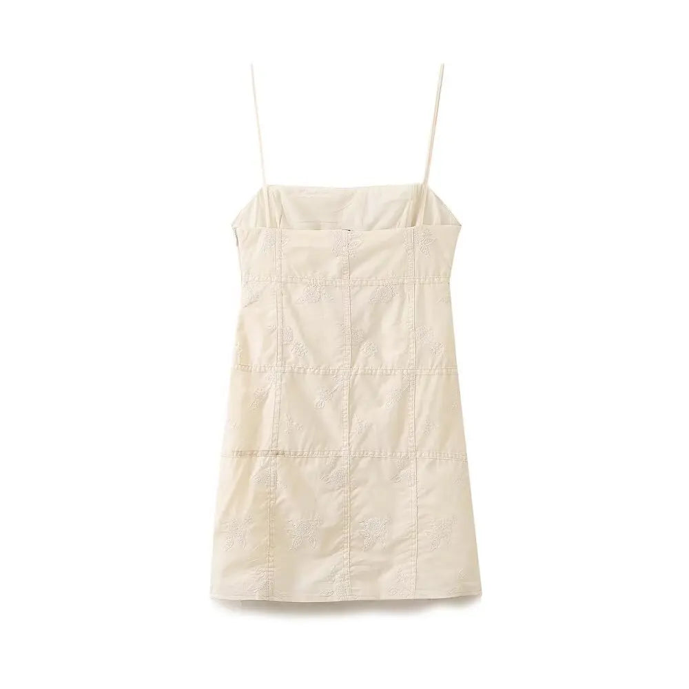 Solid Beige Plaid Embroidery Short Dress Sleeveless Sqaure Collar Casual Bow Women Dress Sweet Chic Summer Vestidos