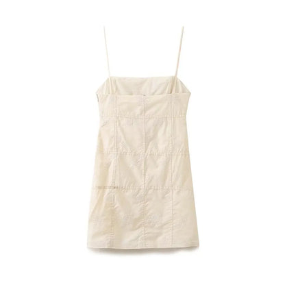 Solid Beige Plaid Embroidery Short Dress Sleeveless Sqaure Collar Casual Bow Women Dress Sweet Chic Summer Vestidos