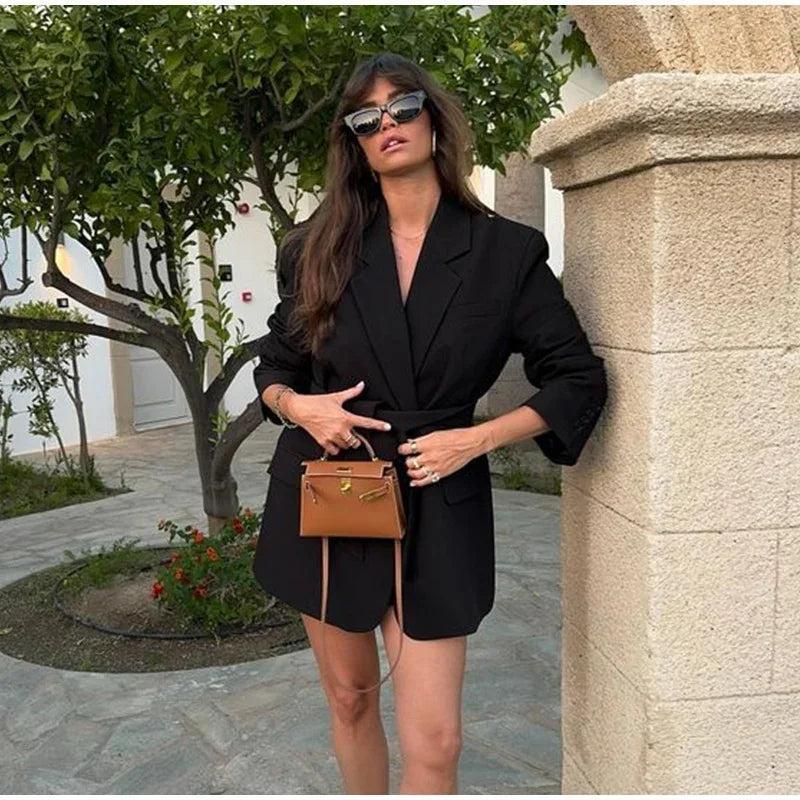 Women's Loose Waist Cinching Belt Full Sleeve Jacket Female Tailored Coat 2025 Chic Retro Elegant Lapel Suit Jackets Streetwear