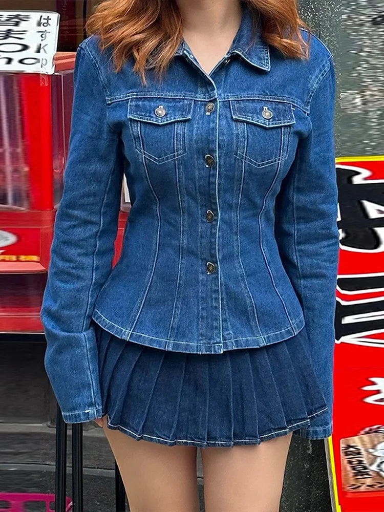 Denim Jacket Mini Skirt Woman's Set Casual Loose Lapel Button Jackets High Waist Short Skirts Sets Vintage Lady Chic Streetwear