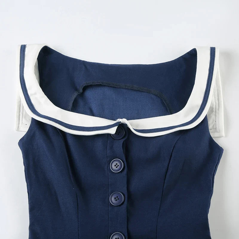 Sailor Collar Single-breasted A-Line Top Preppy Style Women's Pleated Sleeveless Tops Barbiecore Sleeveless T-shirt Y2K