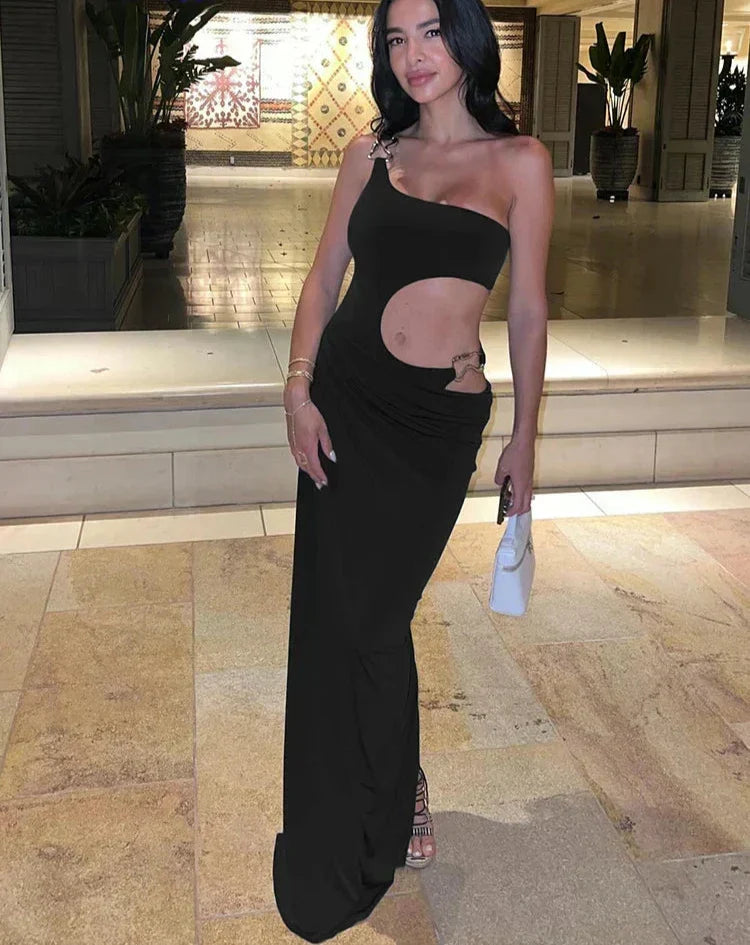 One Shoulder Waist Cutout Ring Hardware High Slit Maxi Dress