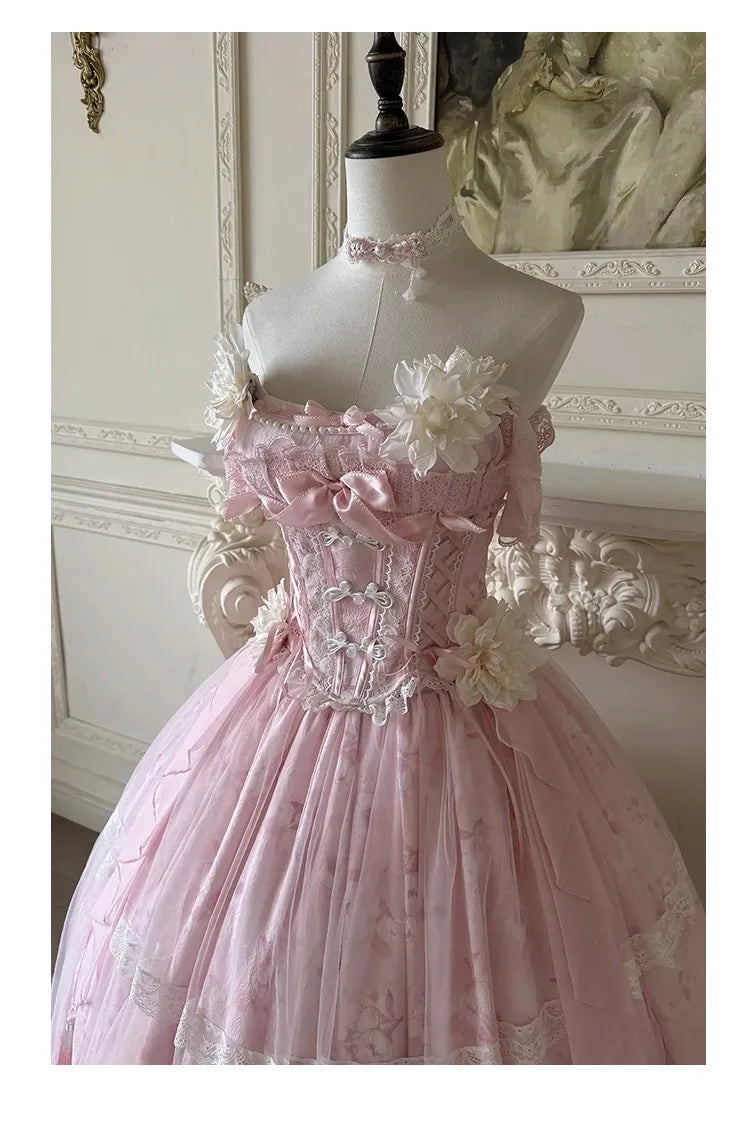 Summer New Women's Pink Green Flower Bow Slim Long Lolita Dress Coming-of-Age Birthday Banquet Princess Evening Dress