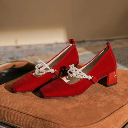 Velvet Shoes Med Square Toe Block Heels High Heeled Sandals Woman Mary Jane Espadrilles Platform Suede Medium Wedding Chunk
