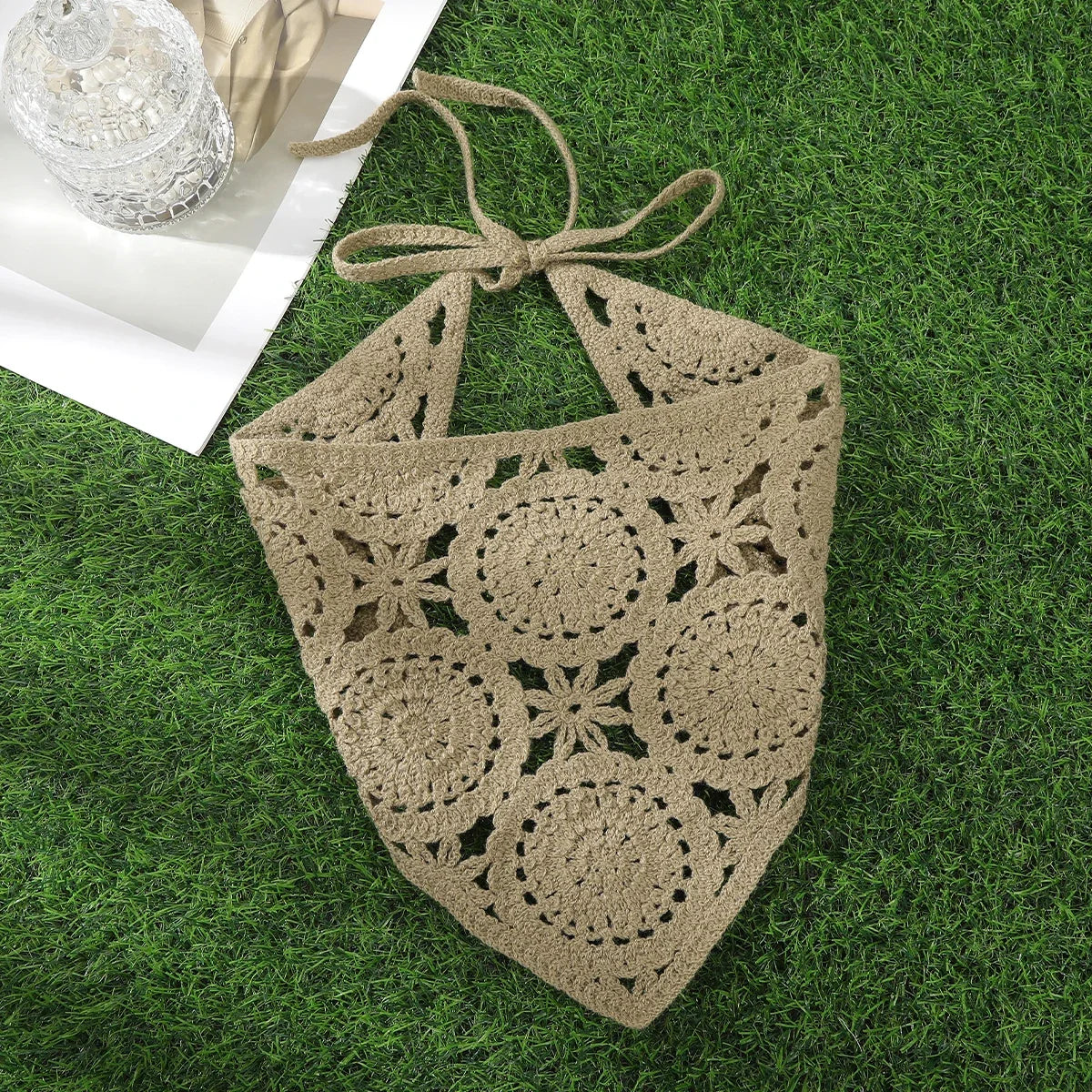 Spring Summer Knitted Triangle Headband Handmade Crochet French Pastoral Flower Headband Towel Little Flower Headscarf