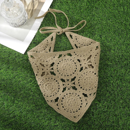 Spring Summer Knitted Triangle Headband Handmade Crochet French Pastoral Flower Headband Towel Little Flower Headscarf