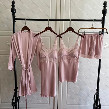 4PCS Women Pink Satin Pajamas Set Lace Sleep Suit Pijama Home Nightie Sexy V-Neck Sleepwear