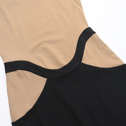 High Neck Sheer Mesh Bodice Curved Waist Hip Cutout Column Maxi Gown