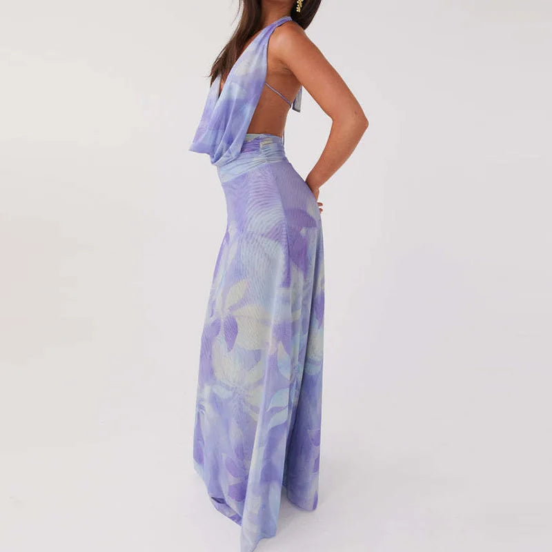 Sexy Sleeveless Printed Swinging Collar Tops&Half Skirts Sets Elegant Backless Vest High Waisted Skirts 2PC Sets Summer Outfits