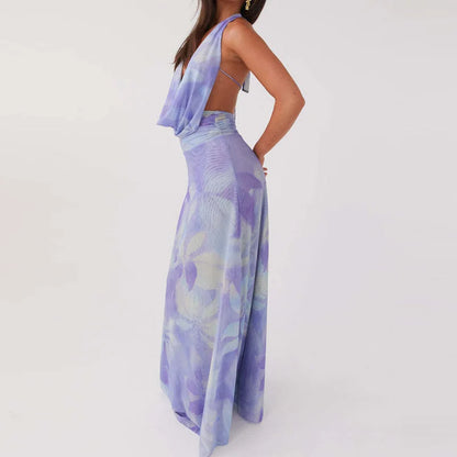 Sexy Sleeveless Printed Swinging Collar Tops&Half Skirts Sets Elegant Backless Vest High Waisted Skirts 2PC Sets Summer Outfits