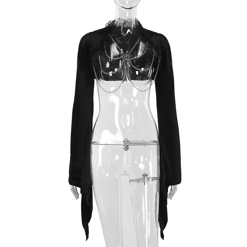 Velvet Lace Patchwork Chain Shawl for Women Halloween Autumn Slim Fit Flared Sleeves Crop Tops Capes Party Clubwear