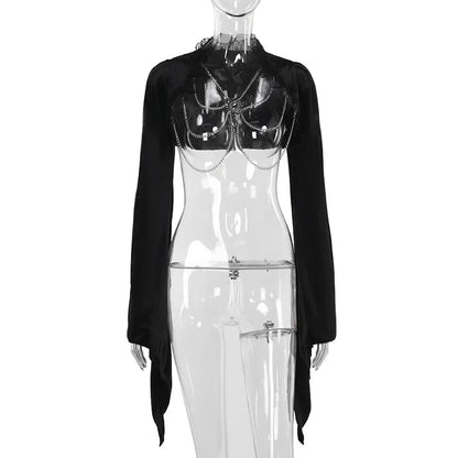 Velvet Lace Patchwork Chain Shawl for Women Halloween Autumn Slim Fit Flared Sleeves Crop Tops Capes Party Clubwear