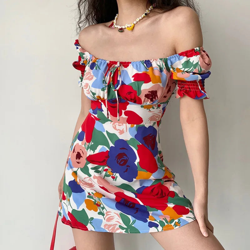 Summer Women's dress Beach Style A-LINE Floral Printing Miniskirt Strapless Holiday trip female clothing