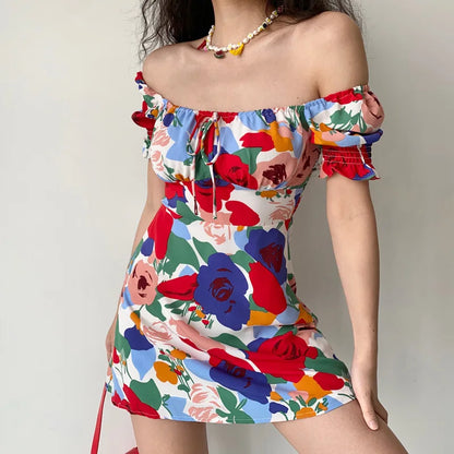 Summer Women's dress Beach Style A-LINE Floral Printing Miniskirt Strapless Holiday trip female clothing