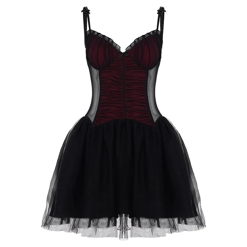 Gothic Black Bow Spaghetti Strap Dress Women Fashion Ruched V Neck Sleeveless Mesh Patchwork A Line Mini Dress Clubwear