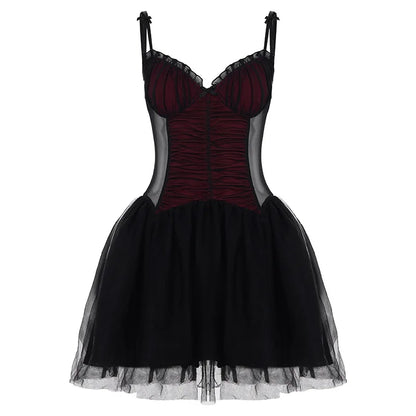 Gothic Black Bow Spaghetti Strap Dress Women Fashion Ruched V Neck Sleeveless Mesh Patchwork A Line Mini Dress Clubwear
