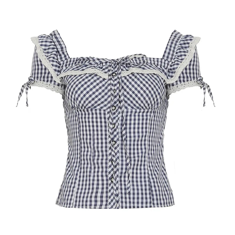 Sweet and spicy retro lace lace patchwork check shirt French daily basic cinched waist style school square neck top