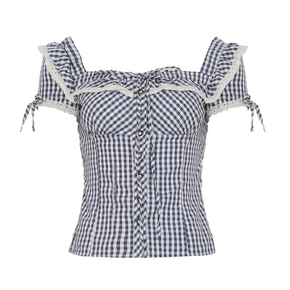 Sweet and spicy retro lace lace patchwork check shirt French daily basic cinched waist style school square neck top