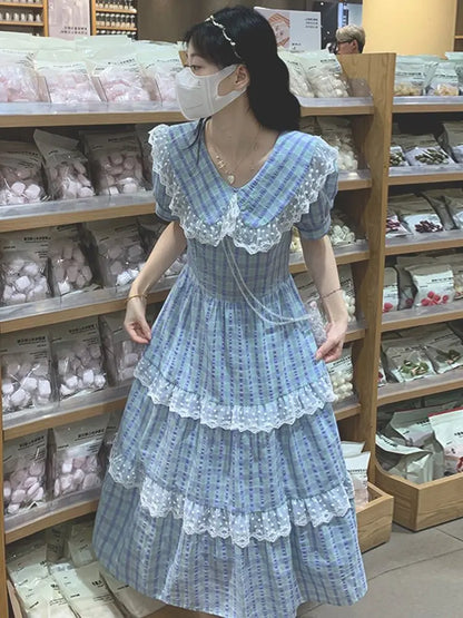 Dress Plaid Doll Collar Waist Sweet Knee-Length 2024 New Women'S Summer French First Love Gentle Style Long Skirt