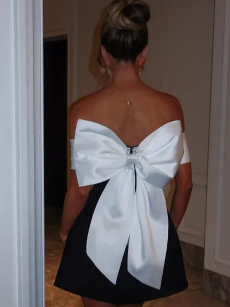 Off Shoulder Draped Fold Bodice Contrast Bow Back A-Line Mini Dress