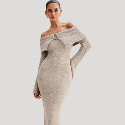 Off Shoulder Rib Knit Fold Over Collar Bodycon Maxi Dress