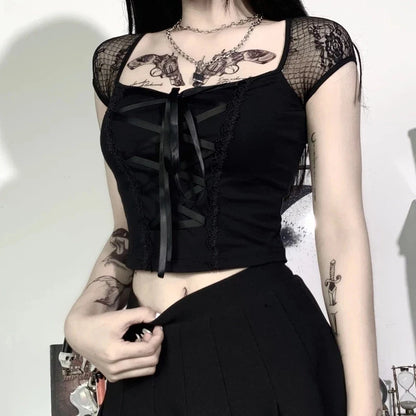 Goth Bodycon Lace Black Crop Top