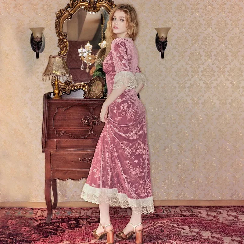 Lace Print Long Dress Women's Elegant V Neck Luxury Party Evening Gown High Waist Vintage Y2k Patchwork Dress Robe