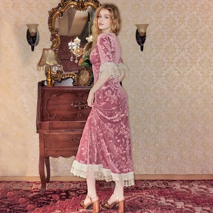 Lace Print Long Dress Women's Elegant V Neck Luxury Party Evening Gown High Waist Vintage Y2k Patchwork Dress Robe