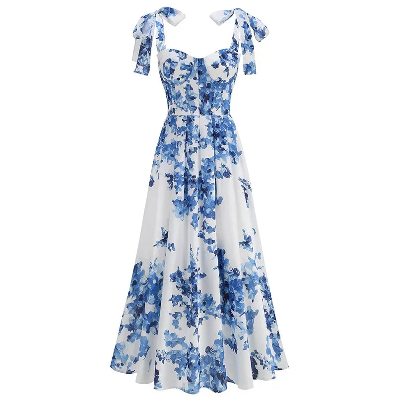 Floral Print Bow Shoulder Strap Sweetheart Corset Bodice Midi Dress