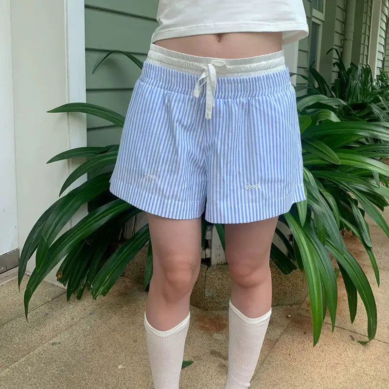 Summer Retro Splicing Vertical Striped Shorts Women's Loose Wide-leg Casual High Street Personality Pants Male Clothes
