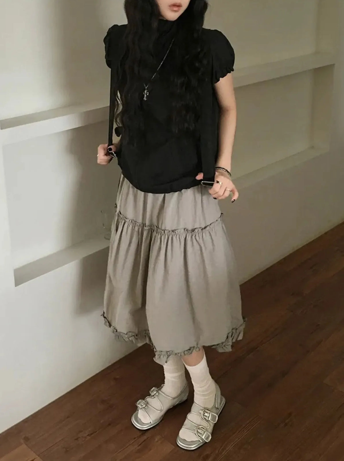 Korean Niche Retro Lace Patchwork Design Elastic and Versatile Slimming A-line Skirt