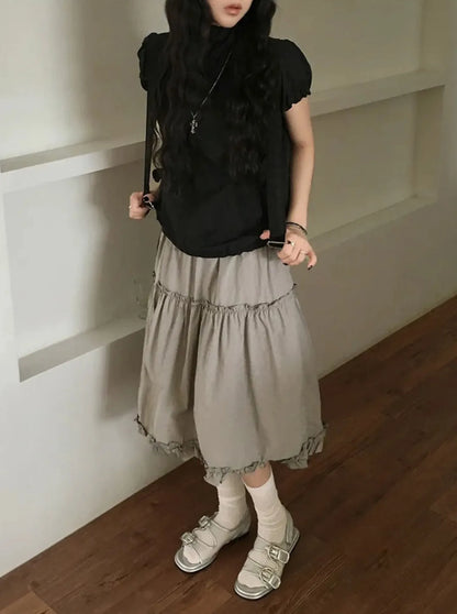 Korean Niche Retro Lace Patchwork Design Elastic and Versatile Slimming A-line Skirt