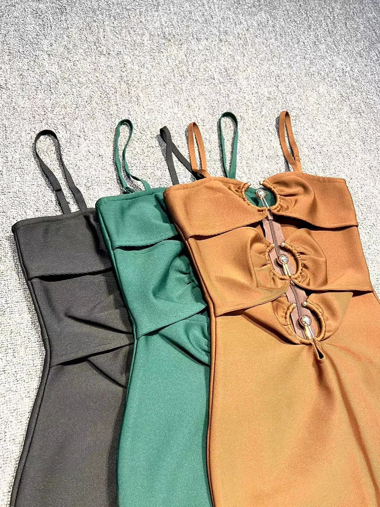 Sweetheart Spaghetti Strap Midriff Cutout Metal Ring Bodycon Maxi Dress